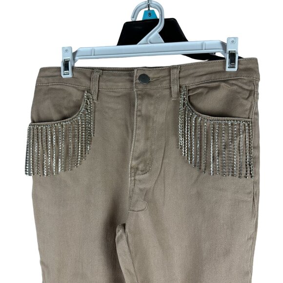 Blue B Womens Beige High-Waisted Flare Pants Rhinestone Fringe Pockets Size S - Picture 3 of 8